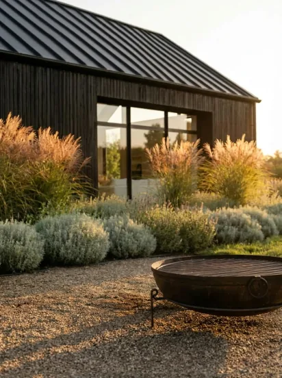 Landscaped garden beside a dark-sided home